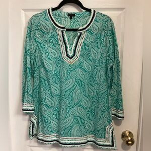 Talbots Teal Paisley Split-Neck Tunic with Trim